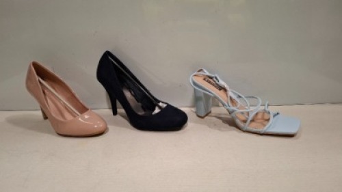 20 X MIXED WOMENS SHOES LOT CONTAINING IDEAL HIGH HEEL SHOES IN CAMEL AND GREEN IN SIZE 3 , QUEEN V IVI HEELED SHOE IN NUDE IN SIZE 4 , U.DESIRED BLOCK HEEL IN SKY BLUE IN SIZE 7 ETC ON HALF A BAY
