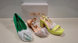 18 X BRAND NEW MIXED WOMENS SHOES CONTAINING IDEAL BLOCK HEEL SHOES IN LEMON IN SIZE 3 , ERYNN HIGH HEEL IN GREEN IN SIZE 3 , LADY GLORY LOW BLOCK HEEL IN CAMEL IN SIZE 3 ETC ON HALF A BAY
