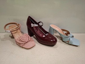 18 X BRAND NEW MIXED WOMENS SHOES LOT CONTAINING ERYNN HIGH HEEL IN GREEN IN SIZE 3 , JOJA MID BLOCK HEEL IN SKY BLUE IN SIZE 3 , IDEAL SHOE MID BLOCK HEEL IN WINE IN SIZE 4 ETC ON HALF A BAY