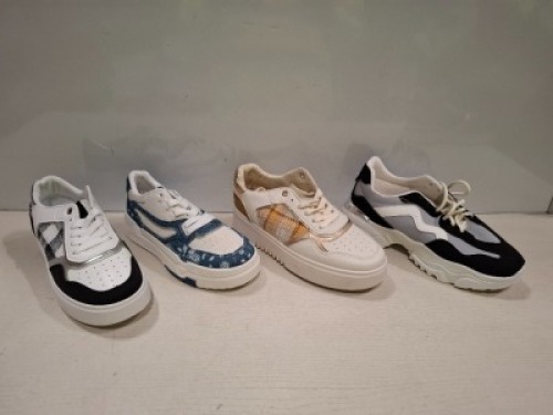 15 X BRAND NEW MIXED TRAINERS LOT CONTAINING TRAINERS IN WHITE/BLACK AND GREY IN SIZE 5 , TRAINERS IN WHITE AND GOLD IN SIZE 7 TRAINERS IN WHITE AND BLUE IN SIZE 3 ETC ON HALF A BAY