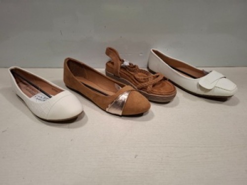 28 X BRAND NEW MIXED WOMENS SHOES CONTAINING LA BOTTINE SOURINTE FLAT SHOE IN FUCHSIA IN SIZE 4 , SPOT ON FLAT FOORT SHOE IN CAMEL IN SIZE 6 , QUEEN LINA FLAT SHOE IN WHITE IN SIZE 7 ETC ON HALOF A BAY