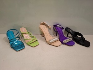 20 X BRAND NEW MIXED WOMENS SHOES CONTAINING IDEAL BLOCK HIGH HEELS IN BLUE/METALLIC IN SIZE 3 , JOALICE HIGH HEELS IN BEIGE IN SIZE 5 , MULANKA HIGH HEELS IN BLACK IN SIZE 3 ETC ON HALF A SHELF