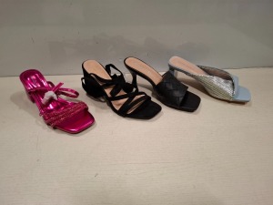 20 X BRAND NEW MIXED WOMENS SHOES CONTAINING MARQUIIZ BLOCK HEEL IN BEIGE IN SIZE 7 , ERYNN BLOCK HEEL IN BLACK IN SIZE 4 , POTI PATI BLOCK HEEL IN SKY BLUE IN SIZE 3 ETC ON HALF A SHELF
