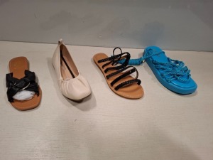 26 X BRAND NEW MIXED WOMENS SHOES CONTAINING IDEAL SANDALS IN PURPLE IN SIZE 3 , JOJA SANDALS IN BLUE IN SIZE 3 , GIVANA SANDALS IN BLACK IN SIZE 3 ETC ON HALF A SHELF