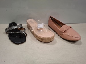 26 X BRAND NEW MIXED WOMENS SHOES CONTAINING C'M PARIS SANDALS IN NUDE IN SIZE 5 , MULANKA FLAT POINTED SHOES IN APRICOT IN SIZE 3 , MARQUIIZ FLAT POINTED SHOES IN WINE IN SIZE 4 ETC ON HALF A SHELF