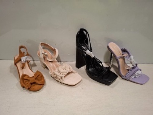 15 X BRAND NEW MIXED WOMENS SHOES CONTAINING BOOHOO BLOCK HIGH HEELS IN BLACK IN SIZE 5 , L.DAY HIGH HEEL IN PURPLE IN SIZE 4 , ERYNN BLOCK HEEL IN BEIGE IN SIZE 8 ETC ON HALF A SHELF