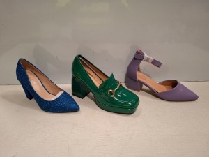 15 X BRAND NEW MIXED WOMENS SHOES CONTAINING JOALICE BLOCK HEELS IN SPARKLY BLUE IN SIZE 3 , LA BOTTINE SOURIANTE BLOCK HEELS IN PURPLE IN SIZE 3 , C'M PARIS BLOCK HEEL IN GREEN IN SIZE 5 ETC ON HALF A SHELF
