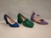 15 X BRAND NEW MIXED WOMENS SHOES CONTAINING JOALICE BLOCK HEELS IN SPARKLY BLUE IN SIZE 3 , LA BOTTINE SOURIANTE BLOCK HEELS IN PURPLE IN SIZE 3 , C'M PARIS BLOCK HEEL IN GREEN IN SIZE 5 ETC ON HALF A SHELF