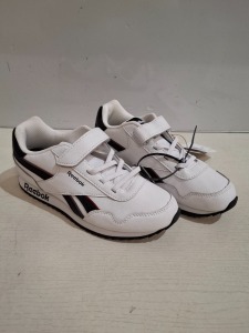 12 X BRAND NEW KIDS REEBOK TRAINERS IN WHITE/BLACK/RED ALL IN SIZE UK 2.5 IN ONE TUB (NOTE - TUBS NOT INCLUDED)