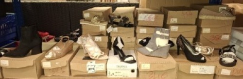 30 X BRAND NEW MIXED WOMENS SHOES LOT CONTAINING HIGH HEELS IN BLACK IN SIZE UK 4 , TRAINERS IN PINK UK 4 , SANDALS IN BROWN WITH BLACK STRAP IN SIZE UK 4 ETC ON A SHELF