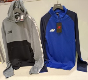 14 X BRAND NEW NEW BALANCE QUARTER ZIP HOODY IN GREY AND BLACK IN SIZE L,XL , HALF ZIP TOP IN BLUE IN SIZE SMALL IN ONE TRAY (NOTE - TRAYS NOT INCLUDED)