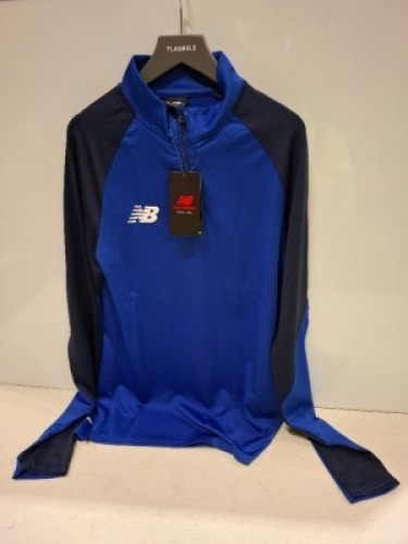 19 X BRAND NEW NEW BALANCE QUARTER ZIP TOP IN BLUE ALL IN SIZE SMALL IN ONE TRAY (NOTE - TRAYS NOT INCLUDED)