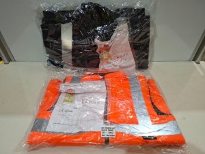 32 X MIXED HEALTH AND SAFETY LOT TO INCLUDE 16 MENS HI-VIS BOMBER JACKET IN BLACK IN SIZE SMALL AND 16 REVERSIBLE BODYWARMER IN ORANGE AND IN SIZE SMALL IN 4 BOXES