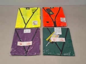 100 X BRAND NEW HEALTH AND SAFETY HI-VIS VESTS IN COLOURS LIME , PURPLE , ORANGE , GREEN AND BLUE IN SIZES M,L,,XL.4XL,5XL6XL ETC IN ONE TUB (TUB NOT INCLUDED)