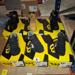 6 X BRAND NEW HEALTH AND SAFETY STEEL TOE CAP TRAINERS AND BOOTS IN BLACK AND BEIGE IN SIZES 5 AND 6