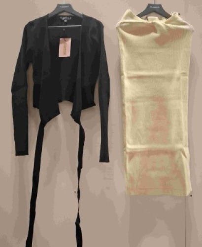 40 X BRAND NEW MIXED CLOTHING LOT CONTAINING 20 MISSGUIDED SKIRT IN CREAM ALL IN SIZE SMALL AND 20 MISSGUIDED BASIC WRAP TOP IN BLACK ALL IN SIZE MEDUIM IN TWO TRAYS (NOTE TRAYS NOT INCLUDED)