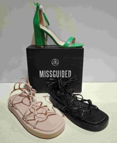 30 X BRAND NEW WOMENS MISSGUIDED SHOES CONTAINING PERSPEX COURT SHOE IN CLEAR , HIGH HEEL BLOCK BARELY THERE SANDAL IN SAND , ASSYM STRAPPY HIGH HEEL SANDAL IN BLACK ETC ALL IN SIZE 7