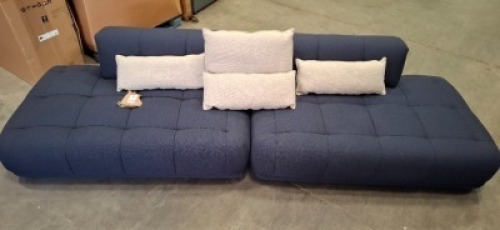 1 X TWO-PIECE HAY SOFA SET IN NAVY BLUE IN SIZE 330 X W 100 X H 75 WITH 4 CUSHIONS IN BEIGE (NOTE THIS IS EX DISPLAY ) - INDOOR ONLY ESTIMATED RRP &pound;2500-&pound;2800)