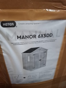 1 X KETER MANOR PLASTIC SHED IN GREY/BLACK IN SIZE 6 X 5 (NOTE BOX DAMAGE - CUSTOMER RETURNS )