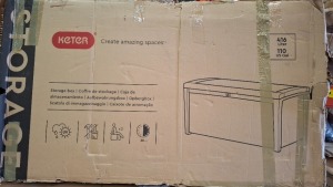 2 X KETER OUTDOOR STORAGE BOXES SIZE 416 LITERS (NOTE BOX DAMAGE - CUSTOMER RETURNS )