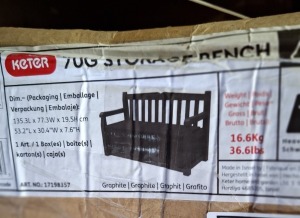 1 X KETER 70 GALLON STORAGE BENCH IN DARK GREY (NOTE BOX DAMAGE - CUSTOMER RETURNS )