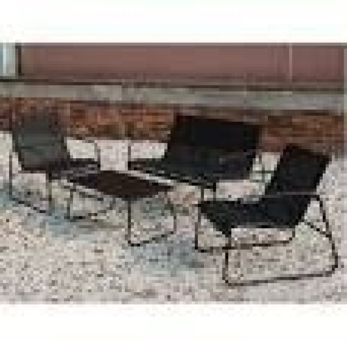 1 X STUDIO 4PC SLING LOUNGE SET IN BLACK TO INCLUDE LOVESEAT , TWO CHAIRS , AND SMALL COFFEE TABLE IN ONE BOX (NOTE BOX DAMAGE - CUSTOMER RETURNS )