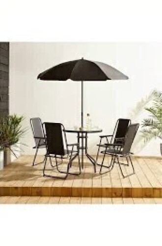 1 X STUDIO OXFORD 6 PIECE PATIO SET CONTAINING 4 CHAIRS , ONE TABLE AND ONE UMBRELLA IN ONE BOX (NOTE BOX DAMAGE - CUSTOMER RETURNS )