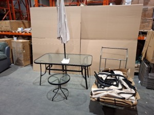 1 X 11 PIECE DINING SET IN BLACK / SAND CONTAINING LARGE GLASS TOP TABLE AND ONE SMALL GLASS TOP TABLE AND 6 CHAIRS UNBUILT AND TWO STOOLS UNBUILT (NOTE NO BOX - CUSTOMER RETURNS MISSING SCREWS FOR CHAIRS AND STOOLS)