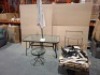 1 X 11 PIECE DINING SET IN BLACK / SAND CONTAINING LARGE GLASS TOP TABLE AND ONE SMALL GLASS TOP TABLE AND 6 CHAIRS UNBUILT AND TWO STOOLS UNBUILT (NOTE NO BOX - CUSTOMER RETURNS MISSING SCREWS FOR CHAIRS AND STOOLS)