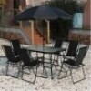 1 X OXFORD 8PC PATIO SET CONTAINING 6 CHAIRS 1 TABLE AND ONE UMBRELLA IN BLACK (NOTE BOX DAMAGE - CUSTOMER RETURNS )
