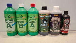 26 X BRAND NEW MIXED GARDEN FERTILIZER LOT CONTAINING MONKEY NUTRIENTS GROW A BESPOKE VEG NUTRIENT GROW B AND BLOOM B AS WELL AS BESPOKE FLOWERING NUTRIENT 1L , INDIC NUTRIENTS PH-UP PH ALKALIZER , DUTCH PRO ORIGINAL GROW A 1L ETC IN ONE TRAYS (NOTE - TRA