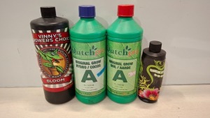 41 X BRAND NEW MIXED GARDEN FERTILIZER LOT CONTAINING VINNY'S GROWERS CHOICE BLOOM PART A FLOWERING STAGE 1-4-5 1L , FUTURE HARVEST SUCK IT UP 0-0-0.1 FOLIA SPRAY ENHANCEMENT 250ML , DUTCH PRO ORIGINAL GROW HYDRO/COCOS A , ORIGINAL GROW SOIL-ARDE ETC IN O