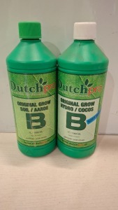 24 X BRAND NEW MIXED GARDEN FERTILIZER LOT CONTAINING DUTCH PRO ORIGINAL GROW HYDRO B , DUTCH PRO ORIGINAL GROW ORIGINAL GROW B 1L IN ONE TRAY ( NOTE TRAYS NOT INCLUDED)