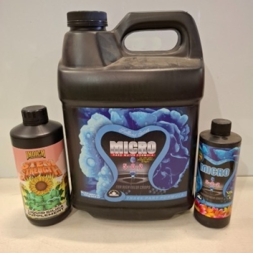 36 X BRAND NEW MIXED GARDEN FERTILIZER LOT CONTAINING FUTURE HARVEST MICRO 5-0-2 500ML, 3 PART FORMULA , INDICA NUTRIENTS STEM STRENGTH LIQUID SILICA SUPPLEMENTS 1L , FUTURE HARVEST MICRO HARD WATER FORMULA 5-1-2 10L IN ONE TRAY (NOTE TRAYS NOT INCLUDED)