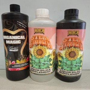 24 X BRAND NEW MIXED GARDEN FERTILIZER LOT CONTAINING INDICA NUTRIENTS STEM STRENGTH LIQUID SILICA SUPLLEMENT 1L , FUTURE HARVEST ORGANICAL MAGIC ORGANIC CALCIUM AND MAGNESIUM SUPPLEMENT 1L , STEM STRENGTH IN CLEAR BOTTLE IN ONE TRAY (NOTE - TRAYS NOT INC