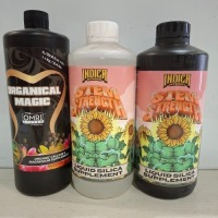 24 X BRAND NEW MIXED GARDEN FERTILIZER LOT CONTAINING INDICA NUTRIENTS STEM STRENGTH LIQUID SILICA SUPLLEMENT 1L , FUTURE HARVEST ORGANICAL MAGIC ORGANIC CALCIUM AND MAGNESIUM SUPPLEMENT 1L , STEM STRENGTH IN CLEAR BOTTLE IN ONE TRAY (NOTE - TRAYS NOT INC