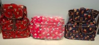 56 X BRAND NEW MIXED BACKPACKS CONTAINING OWL BACKPACKS IN RED,BLACK AND GREY/MULTICOLOUR AND CUPCAKE BACKPACKS IN PINK IN 3 BOXES