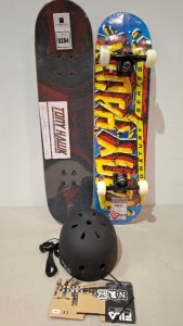 7 X BRAND NEW LOT CONTAINING 5 TONY HAWK SIGNATURE SERIES SKATEBOARDS AND 2 KIDS TONY HAWK HELMETS