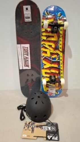 7 X BRAND NEW LOT CONTAINING 5 TONY HAWK SIGNATURE SERIES SKATEBOARDS AND 2 KIDS TONY HAWK HELMETS