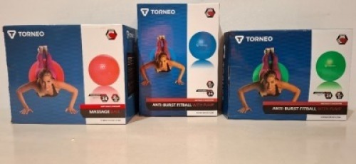 77 X BRAND NEW MIXED LOT CONTAINING TORNEO ANTI - BURST FITBALL WITH PUMP IN BLUE / GREEN AND 3 MASSAGE BALLS ON A FULL SHELF
