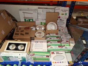 25 X BRAND INDUSTRIAL LIGHTING LOT CONTAINING SAXBY EXIT LIGHT , FRESKA LED EMERGENCY PLUG IN SELF TEST EMERGENCY PACKS , LED EMERGENCY TWINSPOT , RED ARROW ORBIT DOWNLIGHT ETC ON HALF A BAY