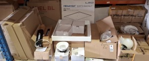 43 X MIXED LIGHTING LOT TO INCLUDE SOLSTAR LED DOWNLIGHTS , PANEL BL 30W RECESSED BACKLIT PANEL 600MM X 600MM - 6000K , LUXNA EMERGENCY LED DRIVER AND BATTERY PACK , MEGAMAN BERTO BACKLIT LED PANEL ETC 3/4 OF A BAY
