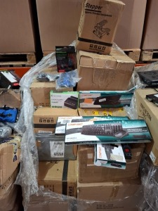 LARGE AMOUNT OF MIXED ELECTRICAL EQUIPMENT CONTAINING DYNAMODE HDD DOCKING STATION USB 3.0 HDK-M , COMPOINT USB KEYBOARD AND OPTICAL MOUSE DUO PACK , STEPPER ADJUSTABLE RUNNING MACHINE ETC ON A PALLET (NOTE - CUSTOMER RETURNS)
