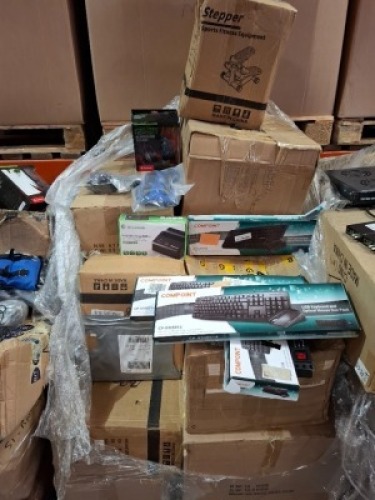 LARGE AMOUNT OF MIXED ELECTRICAL EQUIPMENT CONTAINING DYNAMODE HDD DOCKING STATION USB 3.0 HDK-M , COMPOINT USB KEYBOARD AND OPTICAL MOUSE DUO PACK , STEPPER ADJUSTABLE RUNNING MACHINE ETC ON A PALLET (NOTE - CUSTOMER RETURNS)