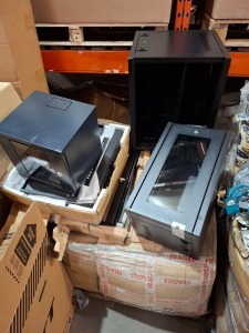 LARGE AMOUNT OF MIXED ELECTRICAL EQUIPMENT CONTAINING DYNAMODE SWG240010-R 24 PORT GIGABIT ETHERNET SWITCH , VARIOUS WALL MOUNTED DATA CABINETS ETC ON ONE PALLET (NOTE -CUSTOMER RETURNS)