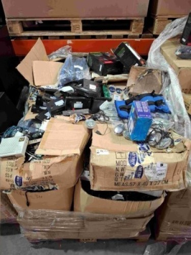 LARGE AMOUNT OF MIXED ELECTRICAL EQUIPMENT CONTAINING DYNAMODE DH-878 STEREO HEADSET WITH SURROUND SOUND , 4KG ANKLE WRIST RUNNING WEIGHTS , DATA SWITCH KVM SERIES 2W-6615 ETC ON A PALLET (NOTE - CUSTOMER RETURNS)
