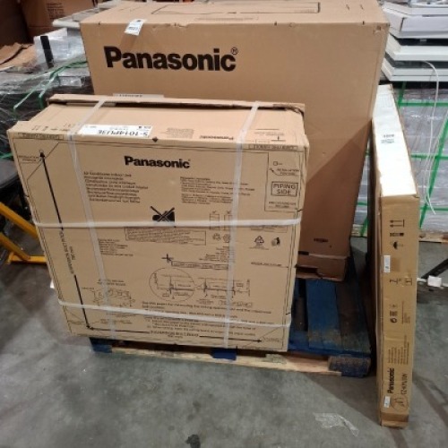 3 X MIXED LOT CONTAINING 1 PANASONIC STANDARD CASSETTE AIR CONDITIONING S-1014PU3E - STILL FACTORY SEALED 1 PANASONIC AIR CONDITIONER OUTDOOR UNIT - U - 125PZ3E5 - STILL - FACTORY SEALED 1 PANASONIC PANEL FOR CASSETTE - CZ - KPU3W IN 3 BOXES (NOTE CUS