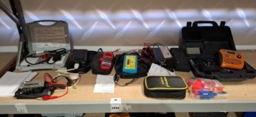 7 X MIXED ELECTRICAL EQUIPMENT LOT CONTAINING 1 TRANSMILLE FUNCTIONAL CHECKS ON INSULATION TESTER 1 SEA WARD CHECKBOX 16 1 DIGITAL CLAMP METER 1 ACT 612 INTELLIGENT BATTERY TESTER 1 ACT D4000 UNIVERSAL BATTERY TESTER 1 BROTHER P - TOUCH 1260 1 ACT C