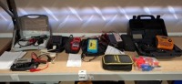 7 X MIXED ELECTRICAL EQUIPMENT LOT CONTAINING 1 TRANSMILLE FUNCTIONAL CHECKS ON INSULATION TESTER 1 SEA WARD CHECKBOX 16 1 DIGITAL CLAMP METER 1 ACT 612 INTELLIGENT BATTERY TESTER 1 ACT D4000 UNIVERSAL BATTERY TESTER 1 BROTHER P - TOUCH 1260 1 ACT C