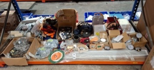 FULL BAY OF MIXED INDUSTRIAL PARTS LOT CONTAINING VARIOUS BOURDON TUBE PRESSURE GAUGE , GREENAWAY UNLINED CLIPS IN SIZE 21/2'' , SAFETY HARNESSES , SUFIX STAINLESS STEEL BANDS , SUSPENDED CEILING BRACKETS ETC ON A FULL BAY